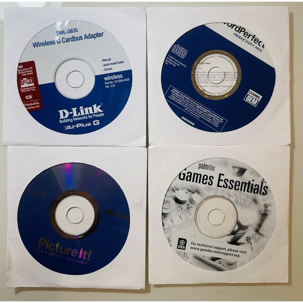 Lot of 4 CD - Microsoft Picture It WordPerfect D-Link Building Games Essentials